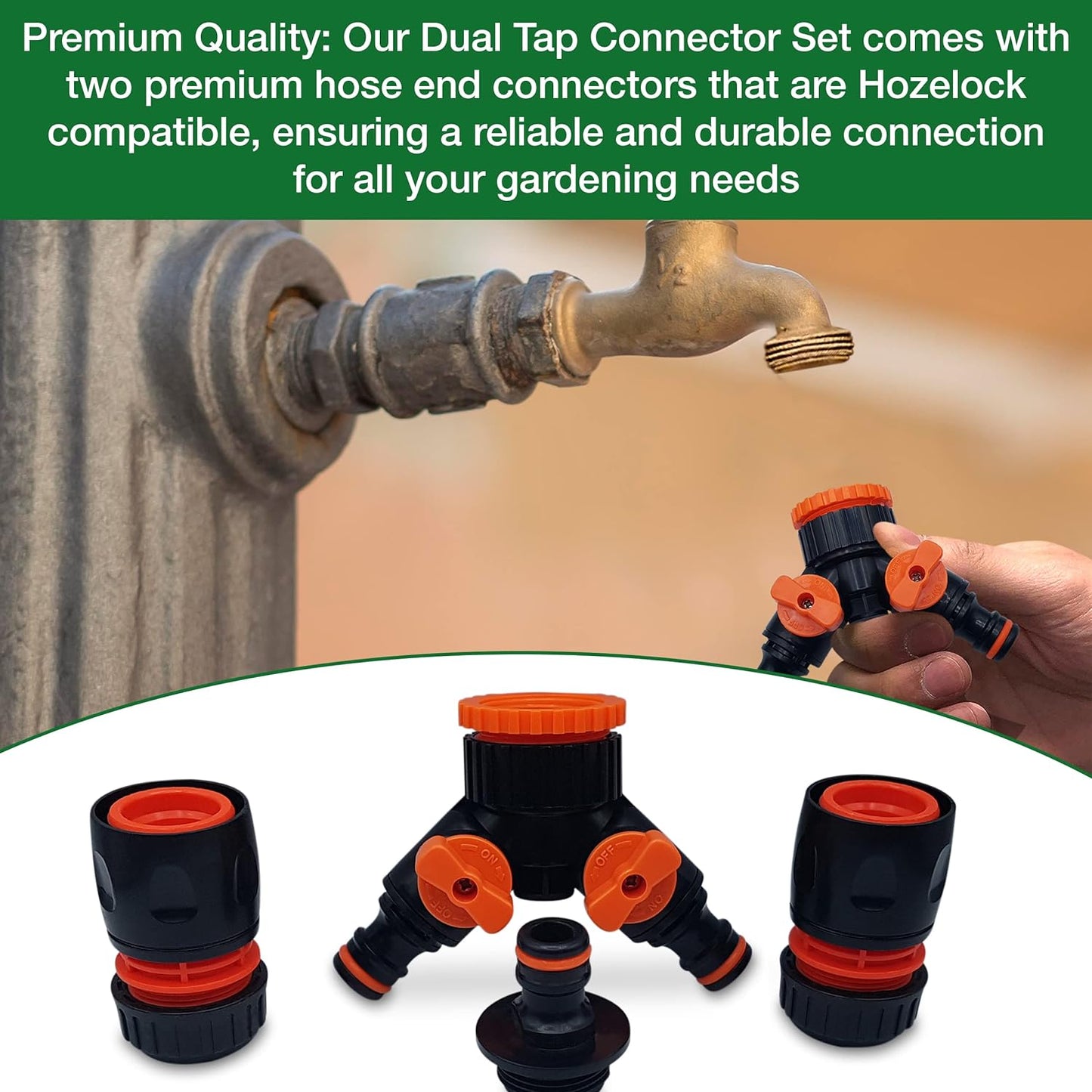 Dual Tap Connector Set - Two Premium Hose End Connectors with 3rd Male Tap Connector Included for Inline Use - Hozelock Compatible for Gardening, Watering, and Irrigation Needs