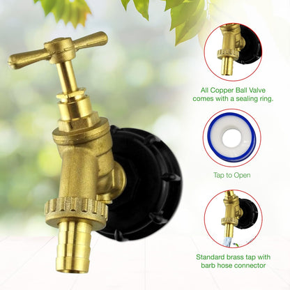 IBC Tank Adapter Hose Connector – S60X6 Brass Garden Tap with Check Valve with 1/2" Hose Fitting Pack – Heavy Duty Coarse Thread PTFE Tape Included