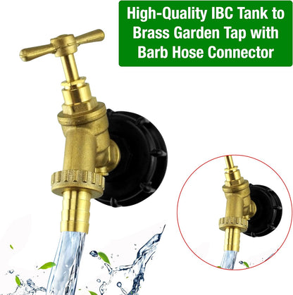 IBC Tank Adapter Hose Connector – S60X6 Brass Garden Tap with Check Valve with 1/2" Hose Fitting Pack – Heavy Duty Coarse Thread PTFE Tape Included