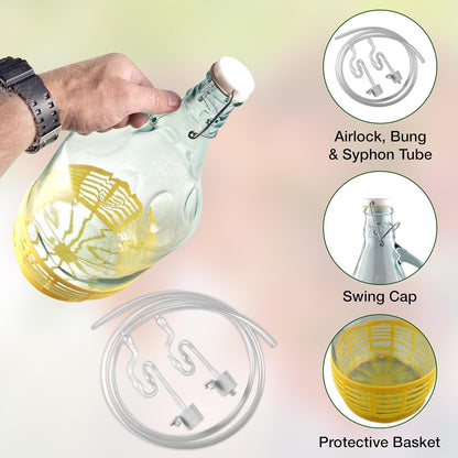 Glass Demijohn Set with Swing Cap & Protective Basket - 2 x 5L Natural Carboys for Wine & Mead Making with Airlock, Bung - Complete Demijohns Wine Making Kit, Including Syphon Tube