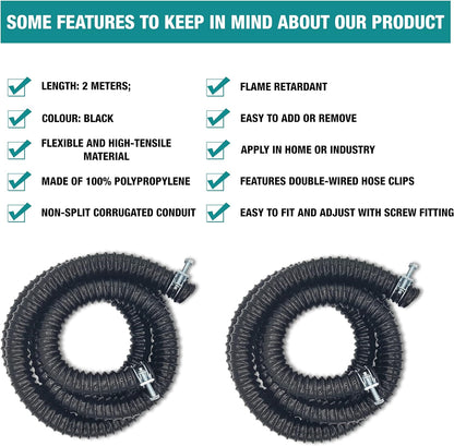 Corrugated Flexible Hose Pond Pipe 1.25" /32mm – 2-Meter with Advanced Double-Wired Hose Clips for Pond Pumps, Filters, Drainage – Corrugated Water Butt Connector Pipe - Black