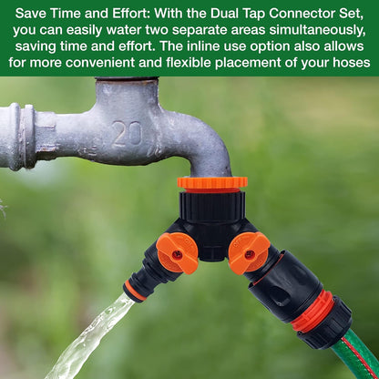 Dual Tap Connector Set - Two Premium Hose End Connectors with 3rd Male Tap Connector Included for Inline Use - Hozelock Compatible for Gardening, Watering, and Irrigation Needs