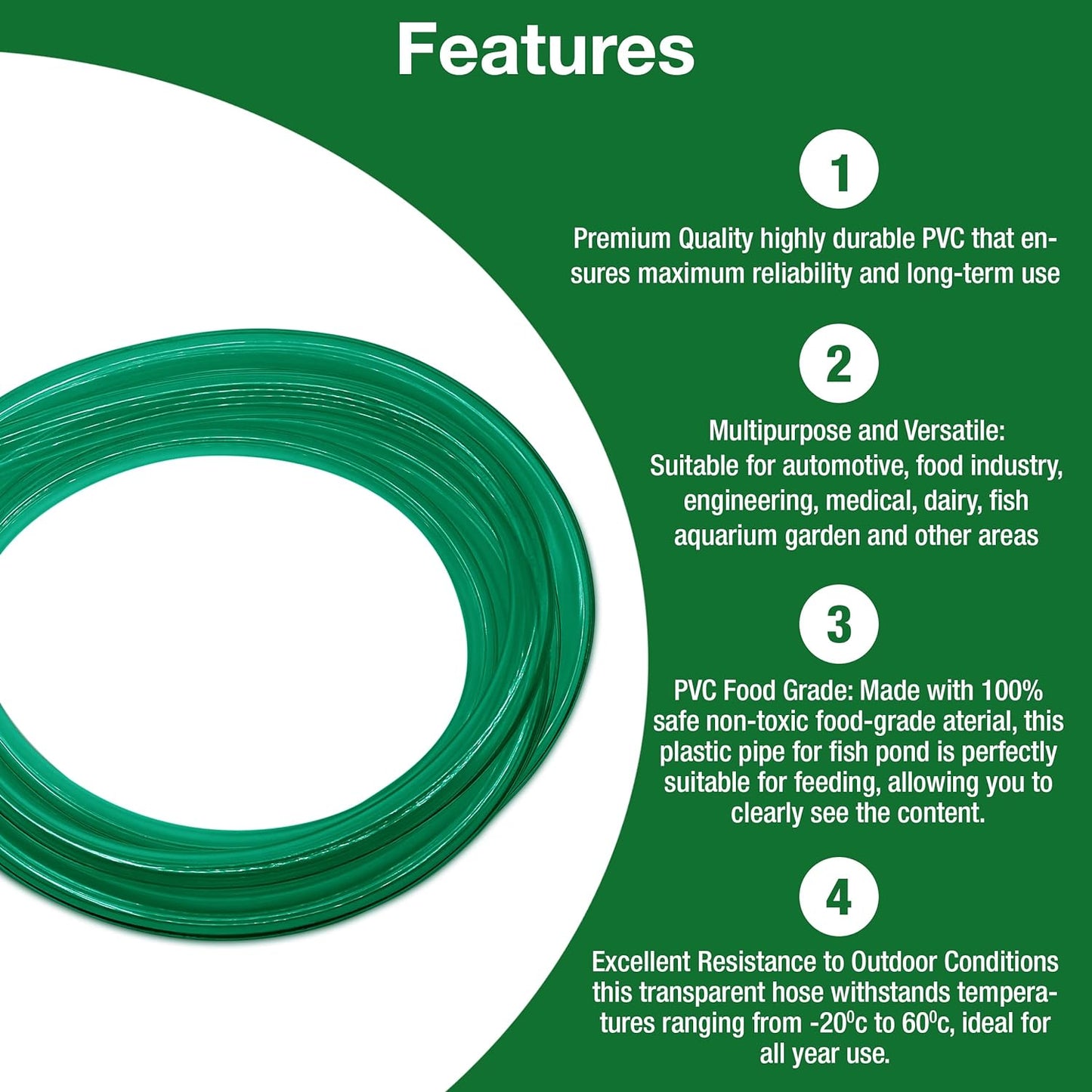 Flexible Hose Pipe 16mm Inside Diameter 20mm Outside Diameter – 4 Metres Clear PVC Food Grade Green Plastic Tube for Fish Food, Engineering, Food Industry