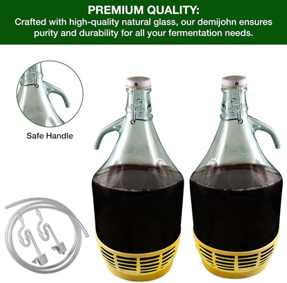 Glass Demijohn Set with Swing Cap & Protective Basket - 2 x 5L Natural Carboys for Wine & Mead Making with Airlock, Bung - Complete Demijohns Wine Making Kit, Including Syphon Tube