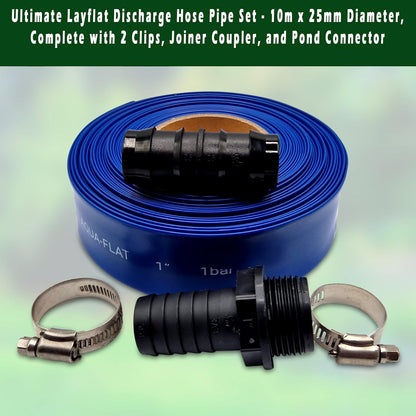 Ultimate Layflat Discharge Hose Pipe Set - 10m x 25mm Diameter, Complete with 2 Clips, Joiner Coupler, and Pond Connector for use with Submersible & Other Water Pumps