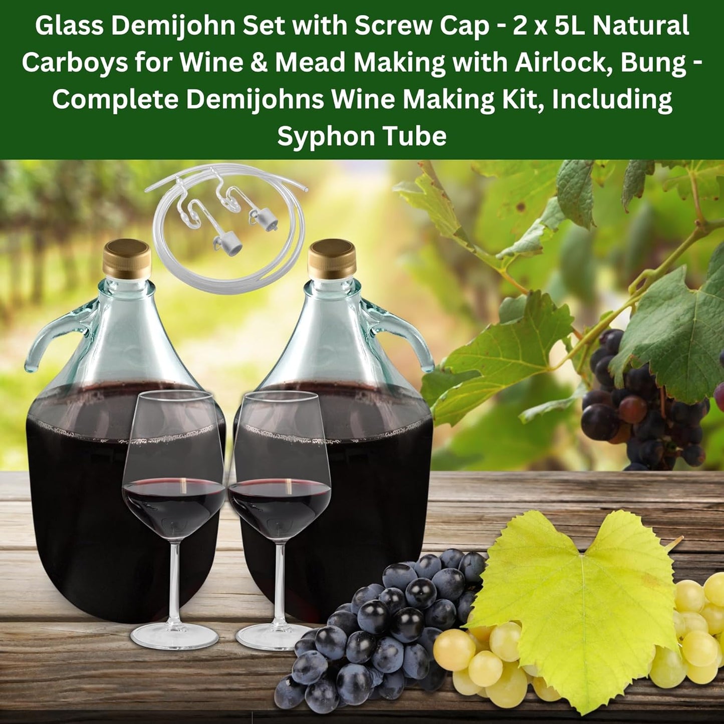 Glass Demijohn Set with Screw Cap - 2 x 5L Natural Carboys for Wine & Mead Making Kit with Airlock, Bung - Complete Demijohns Wine Making Kit, Including Syphon Tube