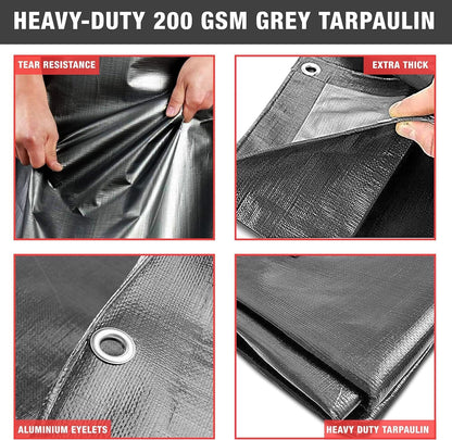 Grey Tarpaulin – Waterproof & Heavy Duty 200 GSM Tarp – Large, Durable Tarp for Car, Garden, Home