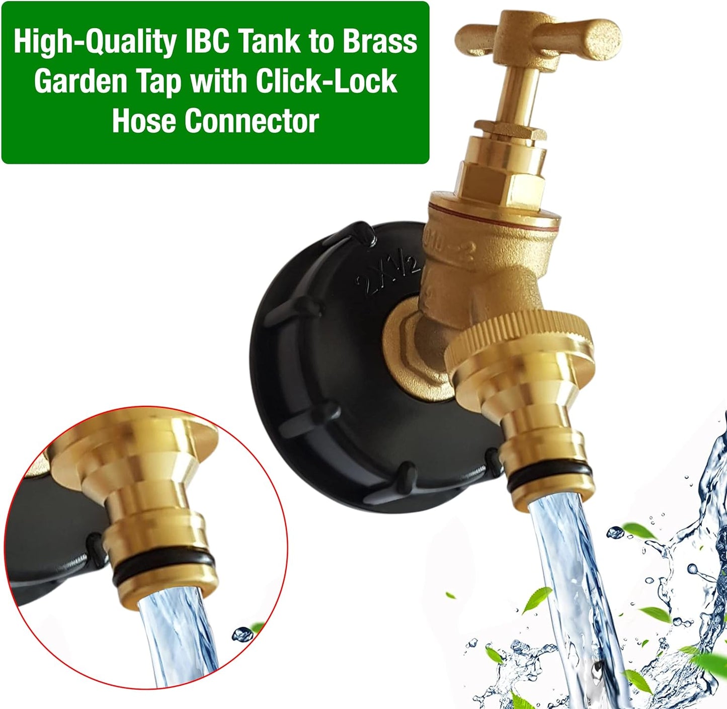 IBC Tank Adapter Hose Connector – S60X6 Brass Garden Tap with Click-Lock Hose Fitting – Heavy Duty Coarse Thread PTFE Tape Included – Easy Installation – Snap On Male Outlet