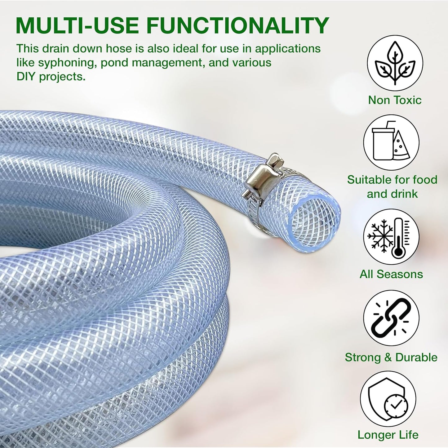 25mm (1") Clear Braided PVC Hose - 5m, Food Grade for Water, Airline, Compressor, Drain Down - Includes 2 Stainless Hose Clips