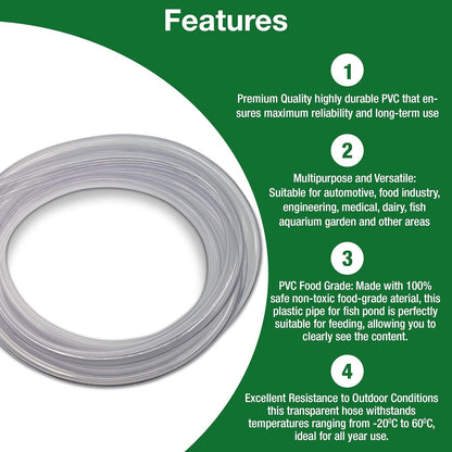 Flexible Hose Pipe 16mm Inside Diameter 20mm Outside Diameter – 4 Metres Clear PVC Food Grade Clear Plastic Tube for Fish Food, Engineering, Food Industry