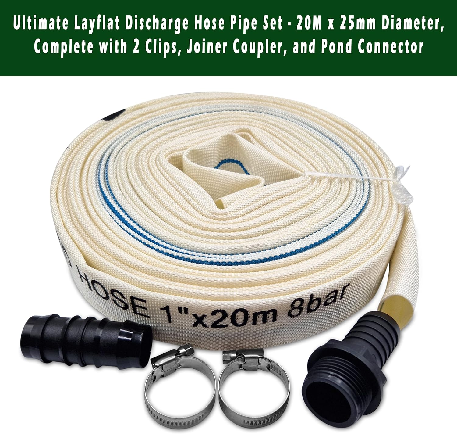 Ultimate Heavy Duty Discharge Hose Pipe Set - 25mm Diameter, Complete with 2 Clips, Joiner Coupler, and Pond Connector
