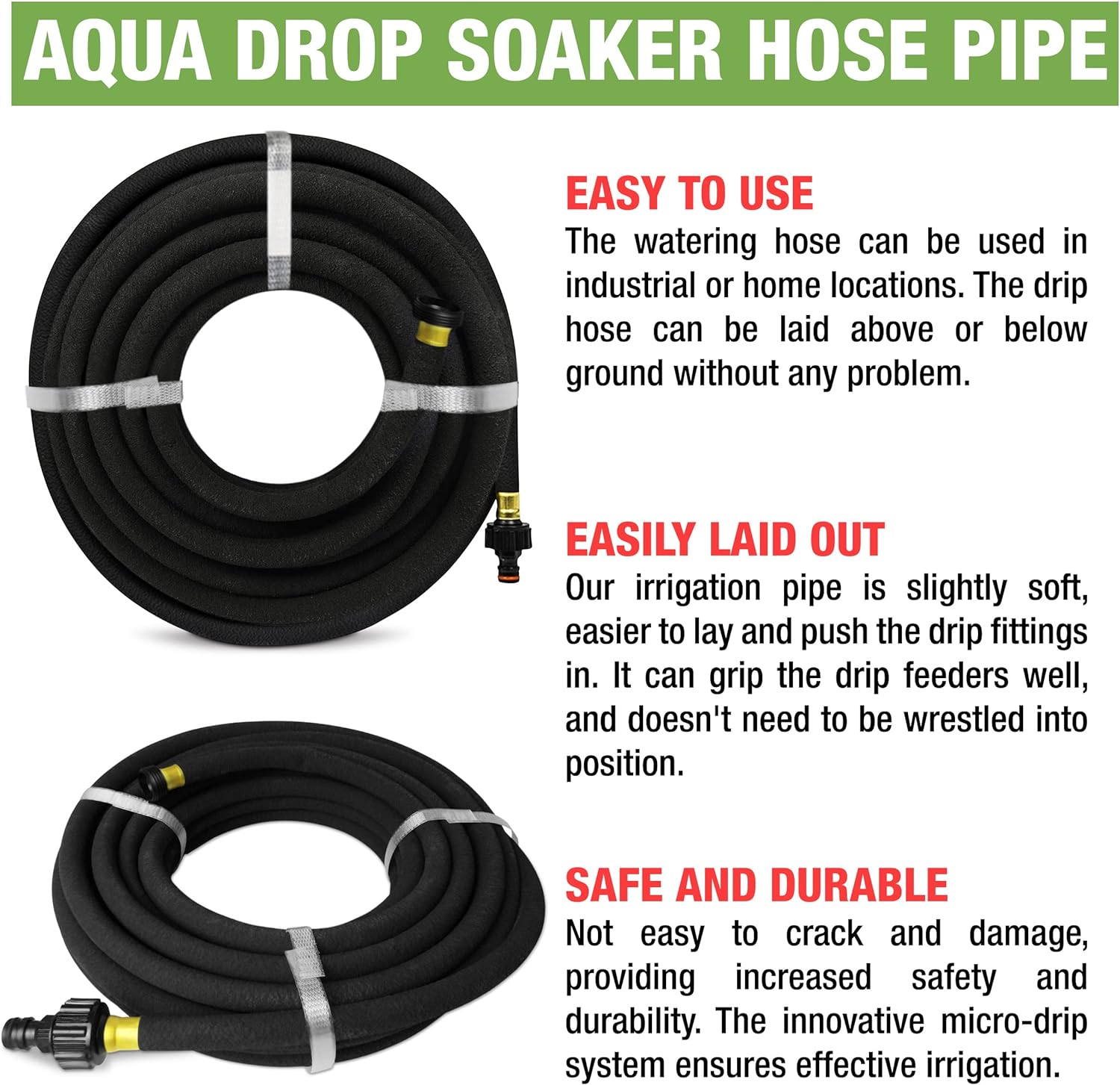 Aqua Drop Soaker Garden Hose – 15m Flexible Hose Pipe – Premium Recycled Rubber Irrigation Pipe with 20 Soaker Hose Pegs – Efficient Plant Watering – Ideal for Home Garden