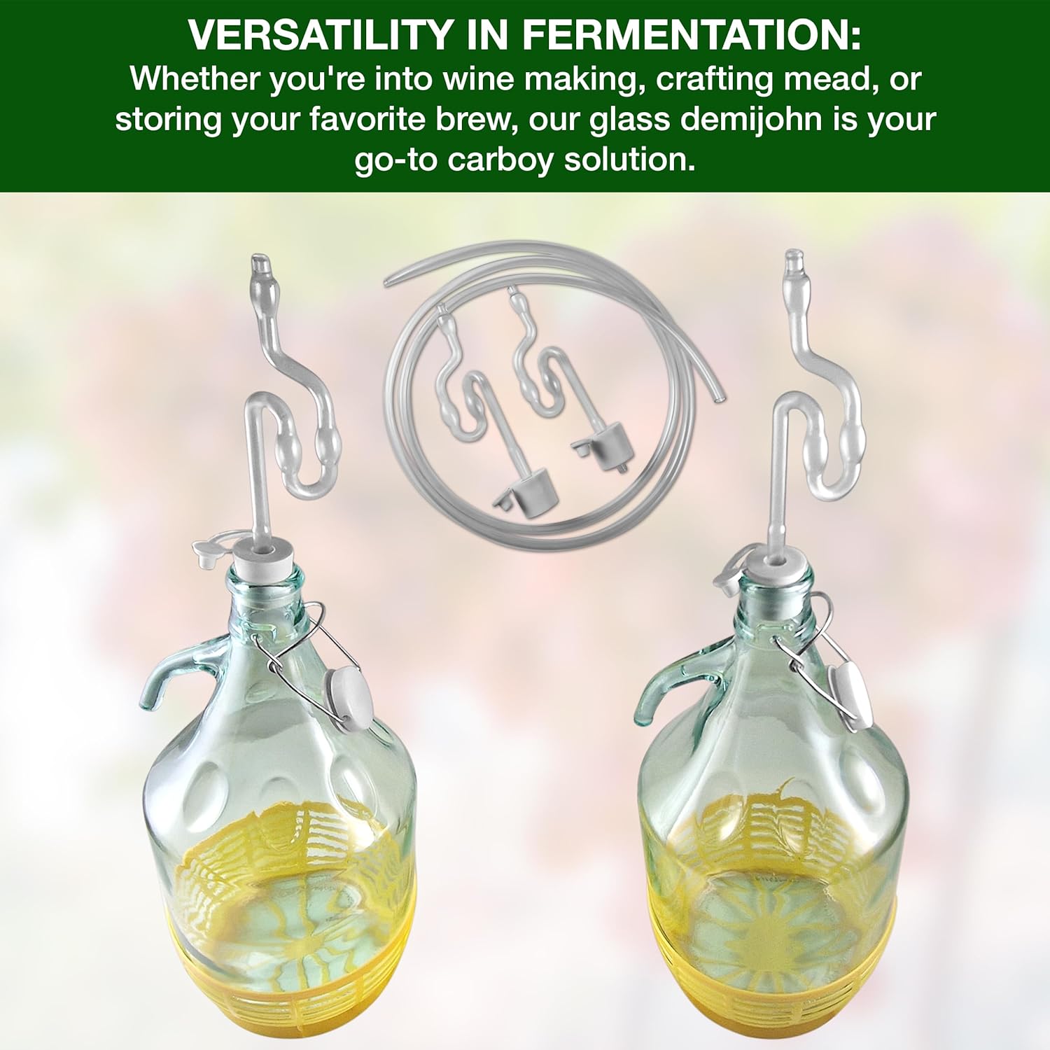 Glass Demijohn Set with Swing Cap & Protective Basket - 2 x 5L Natural Carboys for Wine & Mead Making with Airlock, Bung - Complete Demijohns Wine Making Kit, Including Syphon Tube