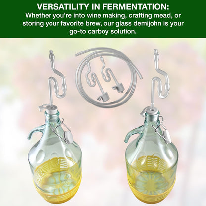 Glass Demijohn Set with Swing Cap & Protective Basket - 2 x 5L Natural Carboys for Wine & Mead Making with Airlock, Bung - Complete Demijohns Wine Making Kit, Including Syphon Tube