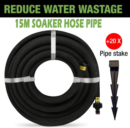 Aqua Drop Soaker Garden Hose – 15m Flexible Hose Pipe – Premium Recycled Rubber Irrigation Pipe with 20 Soaker Hose Pegs – Efficient Plant Watering – Ideal for Home Garden