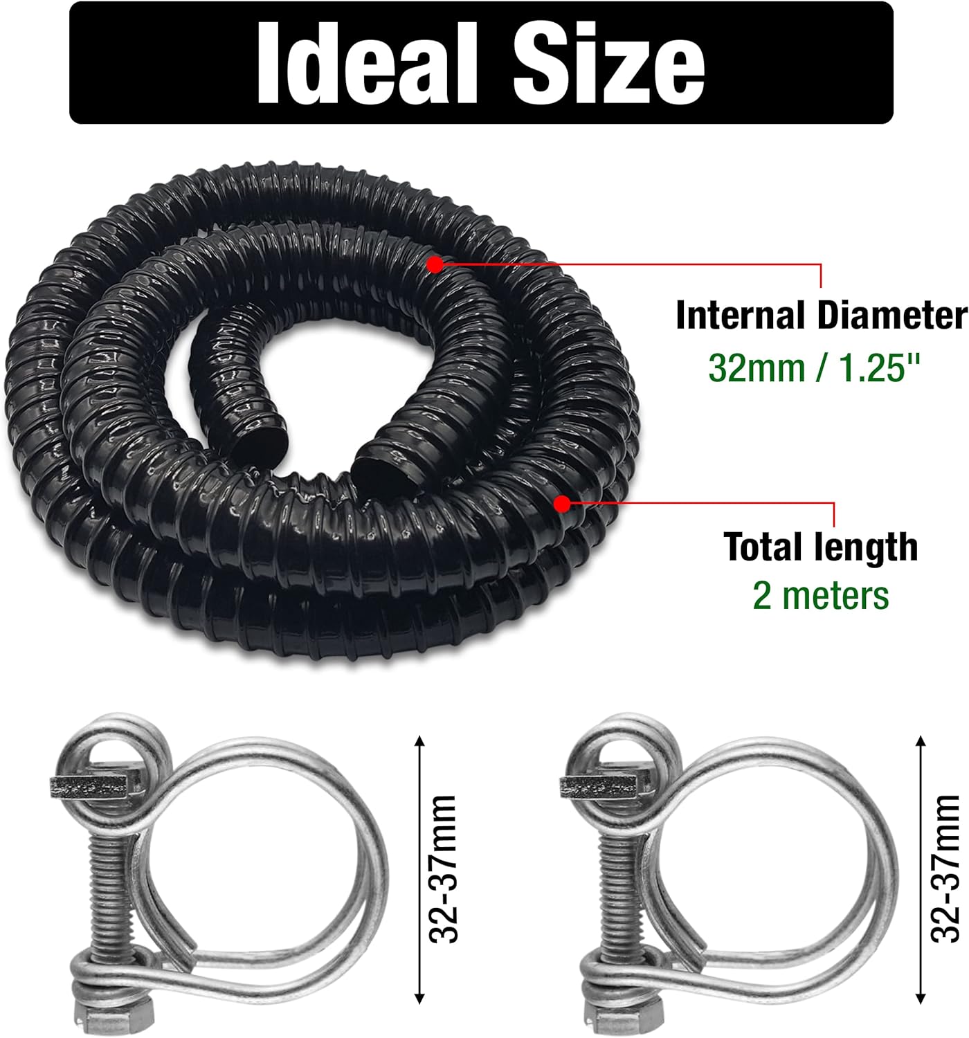 Corrugated Flexible Hose Pond Pipe 1.25" /32mm – 2-Meter with Advanced Double-Wired Hose Clips for Pond Pumps, Filters, Drainage – Corrugated Water Butt Connector Pipe - Black