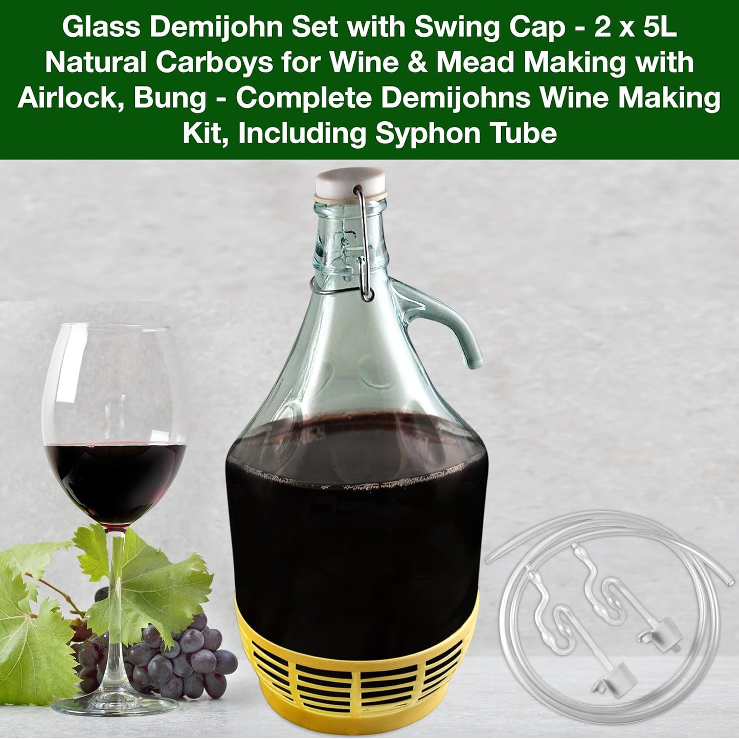 Glass Demijohn Set with Swing Cap & Protective Basket - 2 x 5L Natural Carboys for Wine & Mead Making with Airlock, Bung - Complete Demijohns Wine Making Kit, Including Syphon Tube