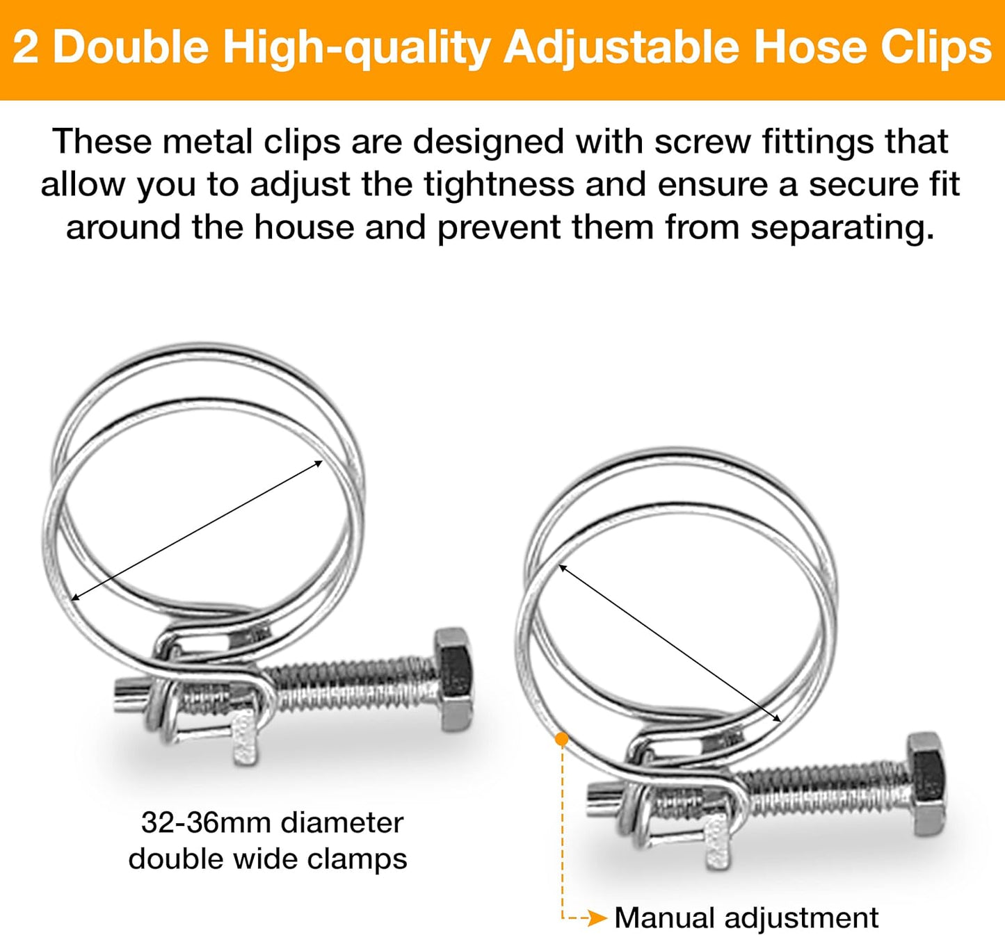 Hose Pipe Connector Set – 32mm Pond Hose Connector with 2 Wire Hose Clips – Pond Hose Pipe Joiner – Adjustable Hose Clamps with Screw Fitting for Standard 32-36mm Diameter Size