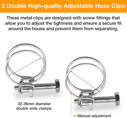 Hose Pipe Connector Set – 32mm Pond Hose Connector with 2 Wire Hose Clips – Pond Hose Pipe Joiner – Adjustable Hose Clamps with Screw Fitting for Standard 32-36mm Diameter Size