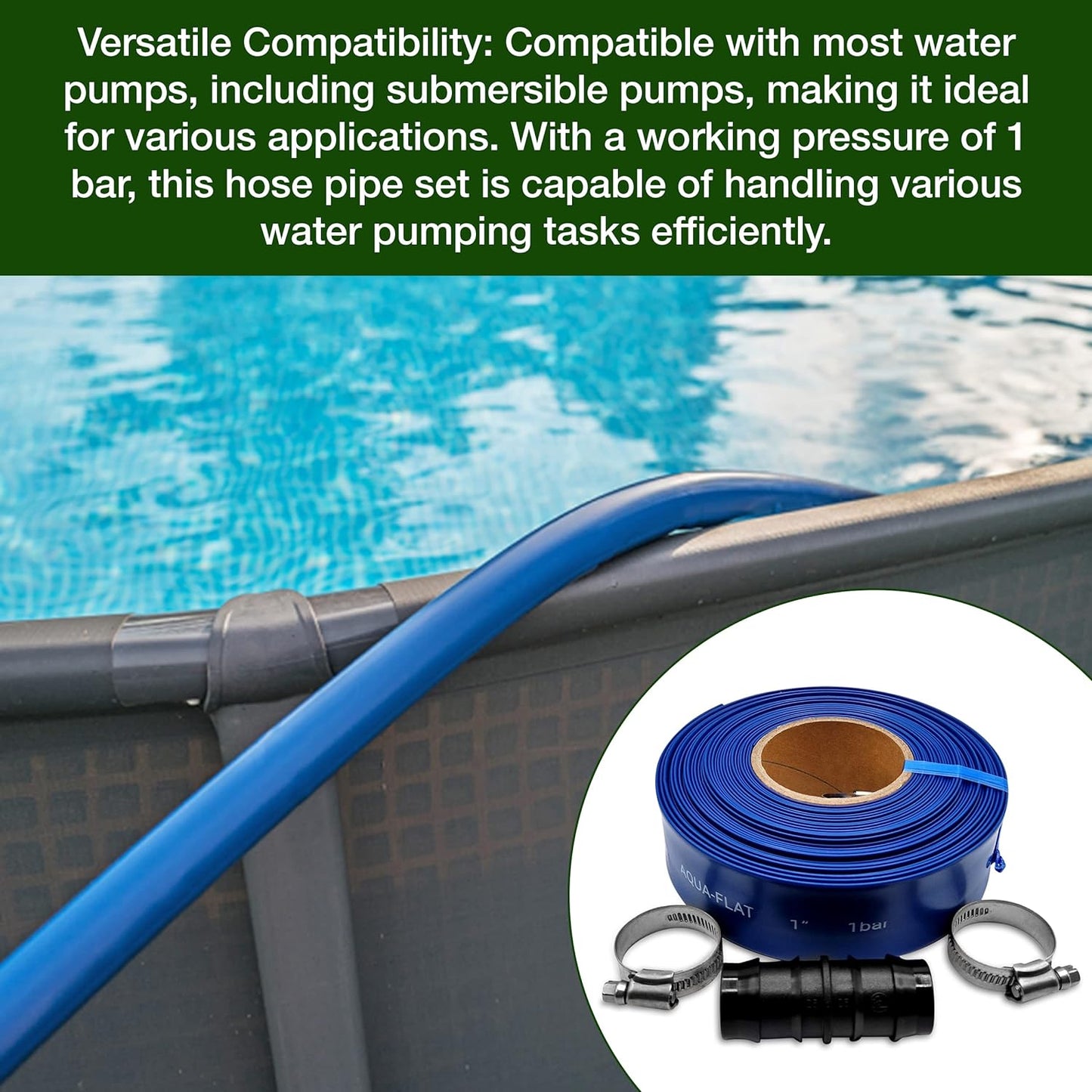 Ultimate Layflat Discharge Hose Pipe Set - 10m x 25mm Diameter, Complete with 2 Clips, Joiner Coupler, and Pond Connector for use with Submersible & Other Water Pumps