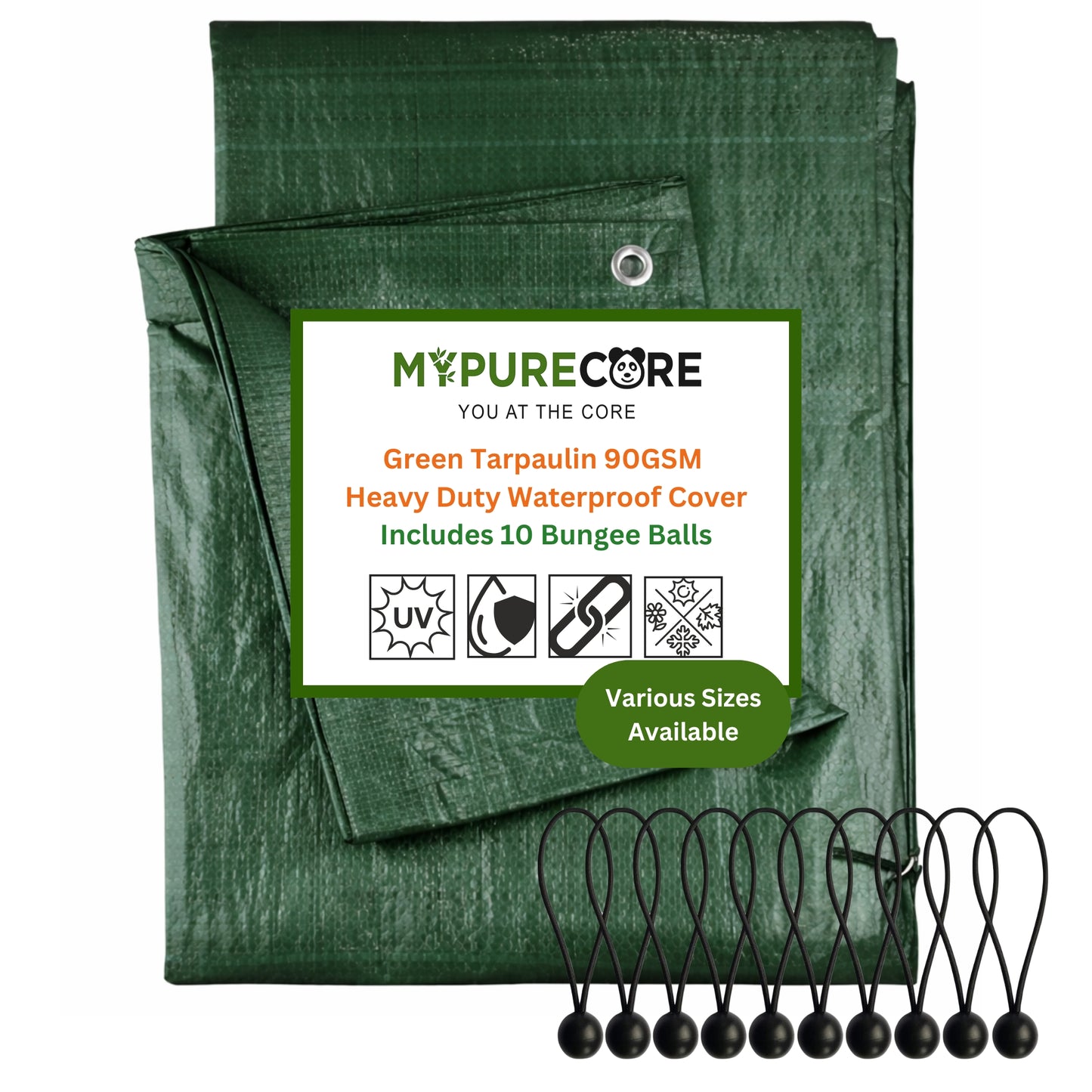 Green Tarpaulin 90GSM Heavy Duty, Waterproof Cover + 10 Bungee Balls - Durable Sheet for Garden, Trailer, Caravan, Camping, Home, Outdoor