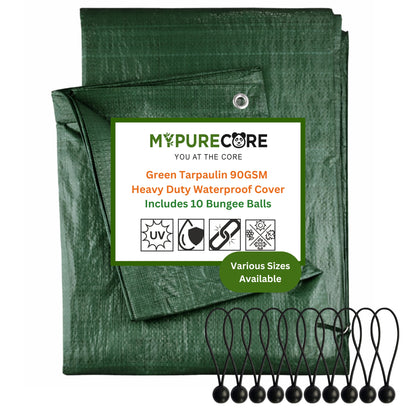 Green Tarpaulin 90GSM Heavy Duty, Waterproof Cover + 10 Bungee Balls - Durable Sheet for Garden, Trailer, Caravan, Camping, Home, Outdoor
