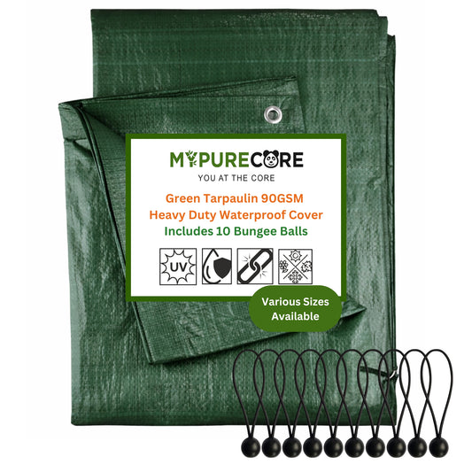 Green Tarpaulin 90GSM Heavy Duty, Waterproof Cover + 10 Bungee Balls - Durable Sheet for Garden, Trailer, Caravan, Camping, Home, Outdoor