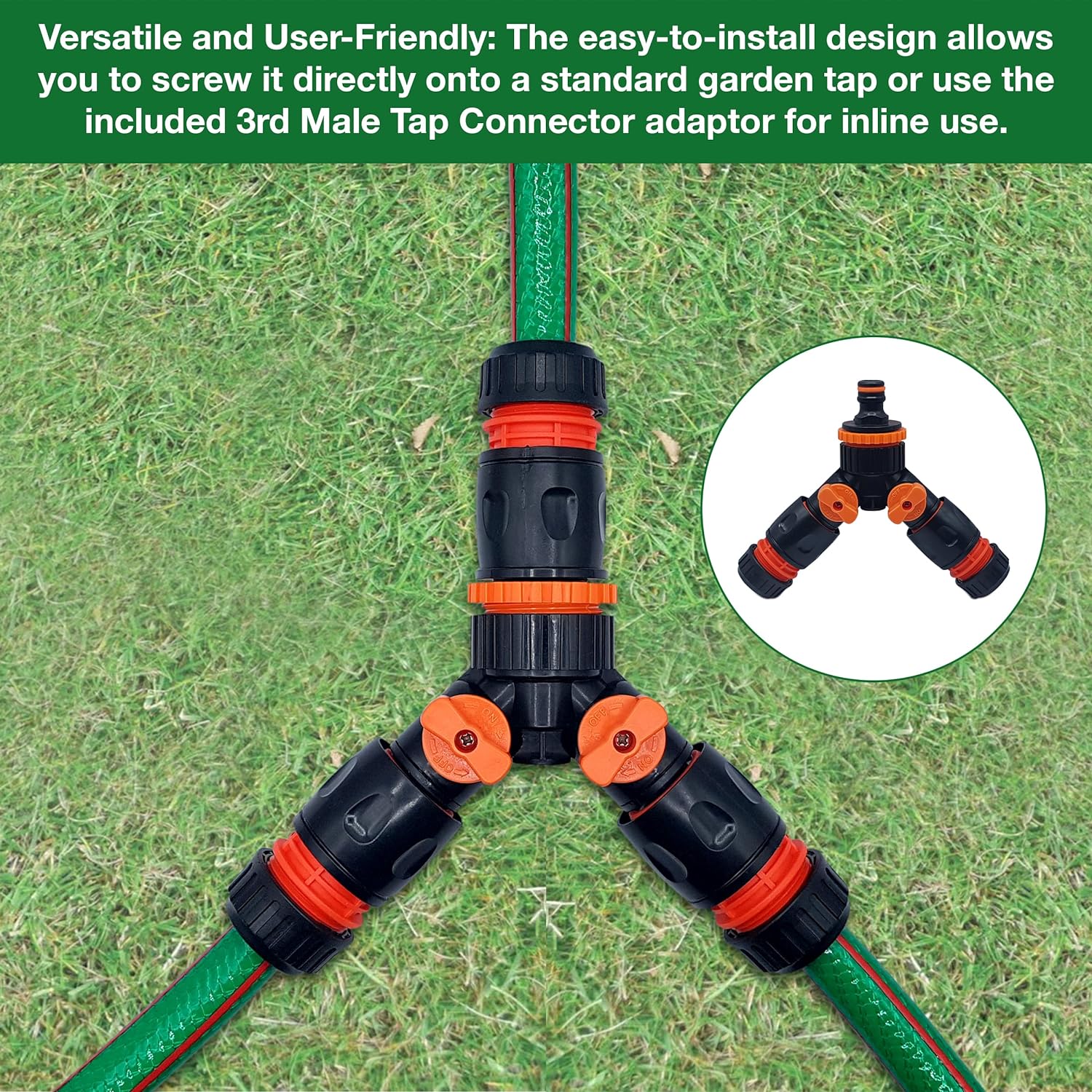 Dual Tap Connector Set - Two Premium Hose End Connectors with 3rd Male Tap Connector Included for Inline Use - Hozelock Compatible for Gardening, Watering, and Irrigation Needs