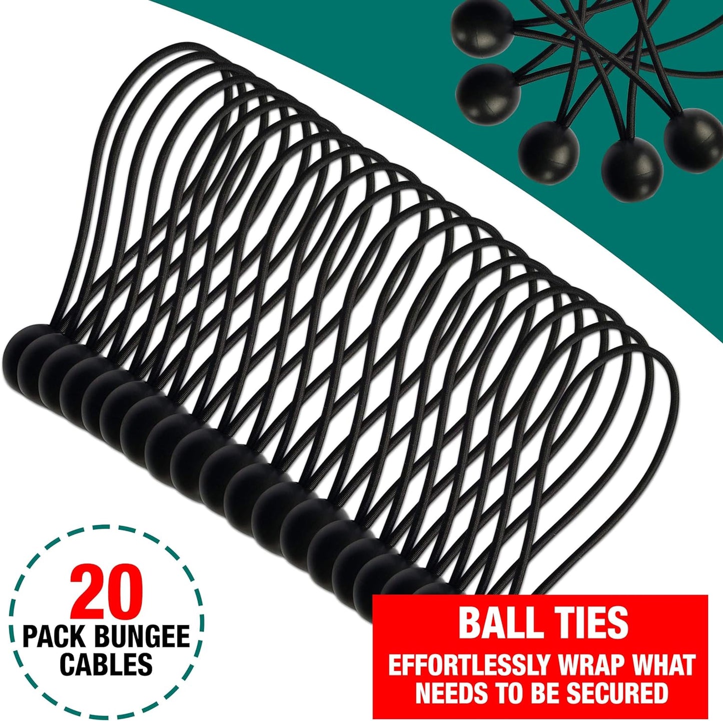 Bungee Cords Set of 20 Pieces – 8 Inch Multifunctional Bungee Straps – Reusable Elastic Tarp Rope Ties – Heavy Duty Durable Construction – Ideal for Tents, Tarpaulin, Flag Poles