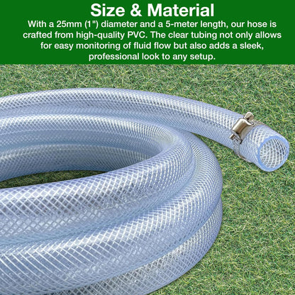 25mm (1") Clear Braided PVC Hose - 5m, Food Grade for Water, Airline, Compressor, Drain Down - Includes 2 Stainless Hose Clips