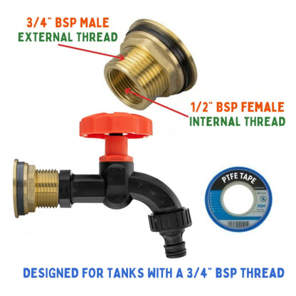 Water Butt Brass Kit 3/4" BSP to 1/2" – Heavy-Duty Brass Tank Connector with Black Dial Tap for Rainwater Harvesting, Barrels & Water Tanks