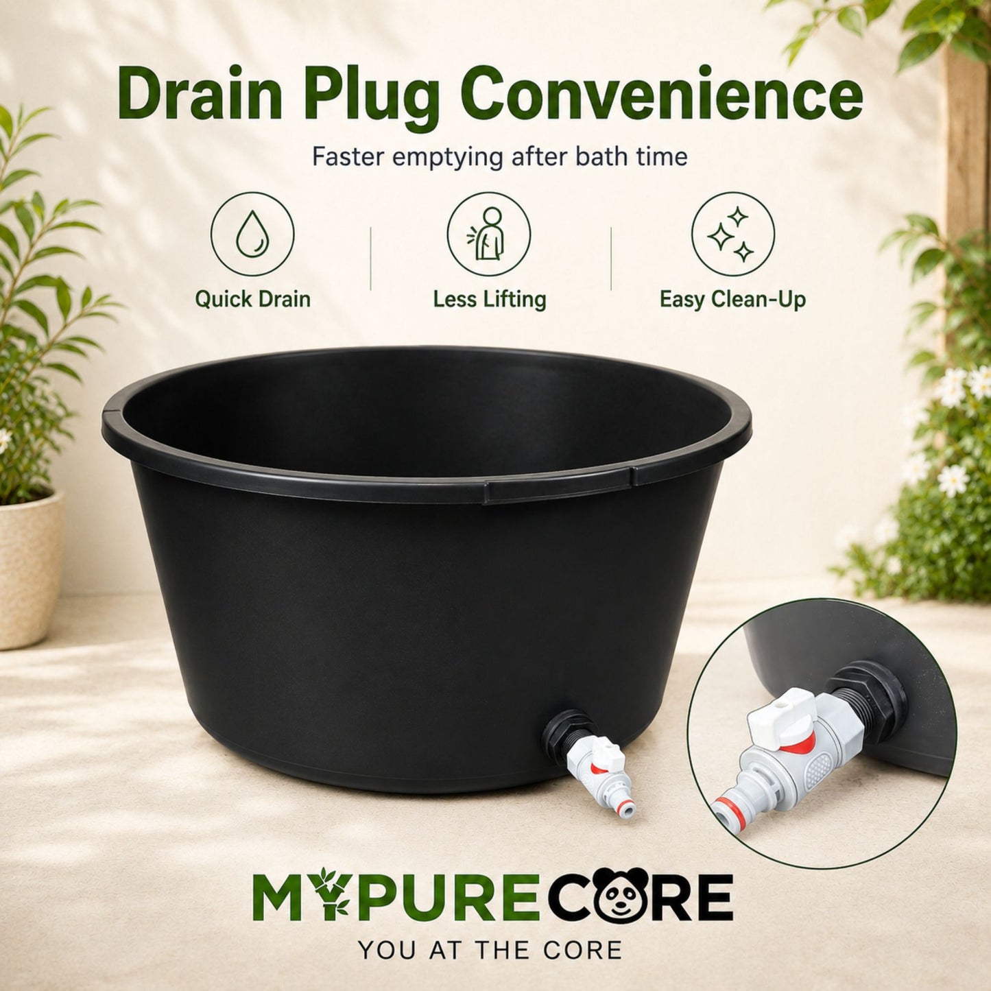 Round Dog Bath Tub with Drain Plug Heavy Duty Pet Washing Pool for Small Medium Large Dogs Durable Plastic Bath for Indoor Outdoor Use (45L / 65L / 90L)