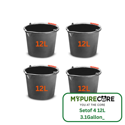 Set of 4 12L (3.1 Gallon) Black Plastic Bucket with Handles - Sturdy Water Bucket, Big Bucket with Measuring Scale

