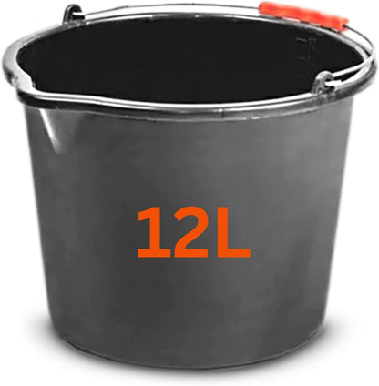 12L (3.1 Gallon) Black Plastic Bucket with Handles - Sturdy Bucket with Scale