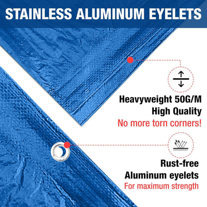 Blue Tarpaulin 50GSM Tarp Sheet + 10 Bungee Balls Camping Garden Cover