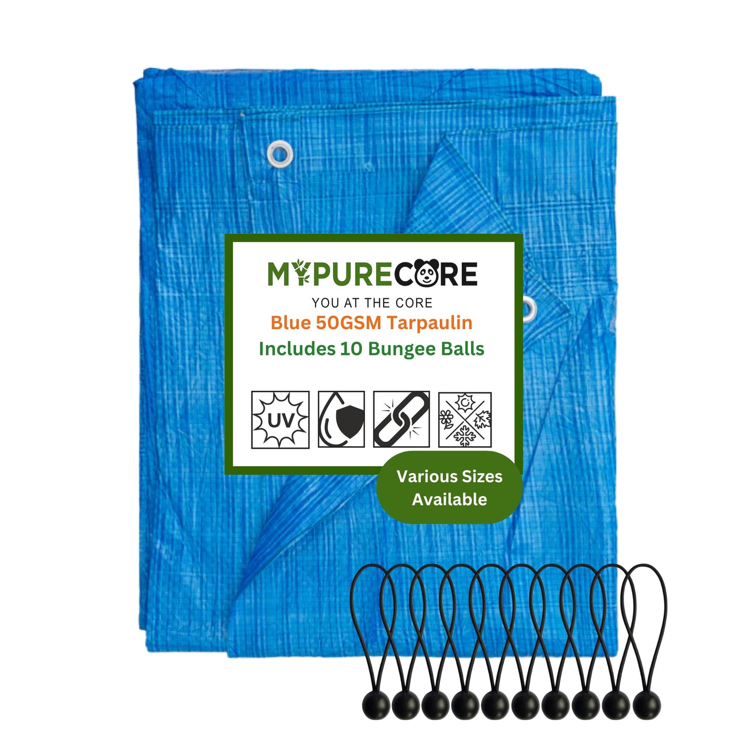 Blue Tarpaulin 50GSM Tarp Sheet + 10 Bungee Balls Camping Garden Cover