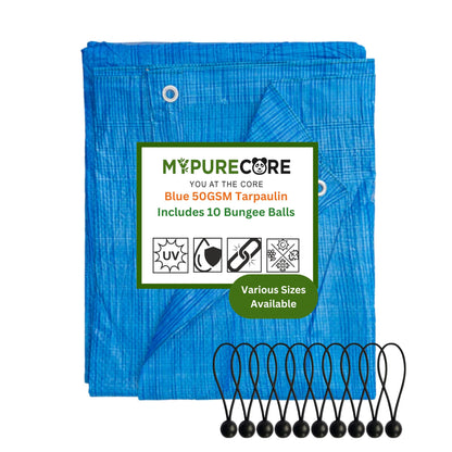 Blue Tarpaulin 50GSM Tarp Sheet + 10 Bungee Balls Camping Garden Cover