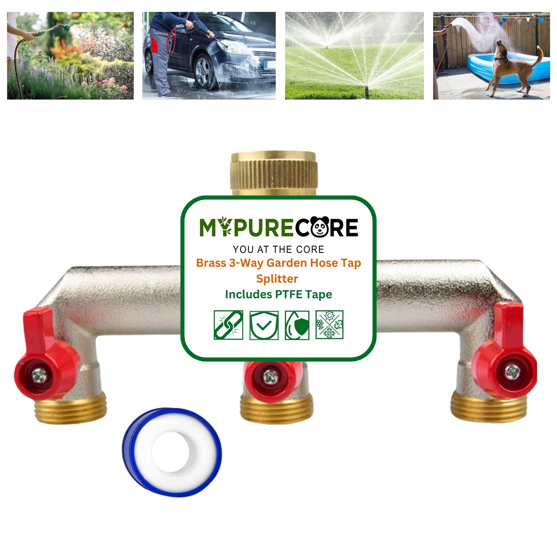 Brass 3-Way Garden Hose Tap Splitter with PTFE Tape – Durable 3/4" Outdoor Tap Connector with Individual Valves | Brass Hose Connector for Garden Irrigation, Hosepipe Fittings & Adapters