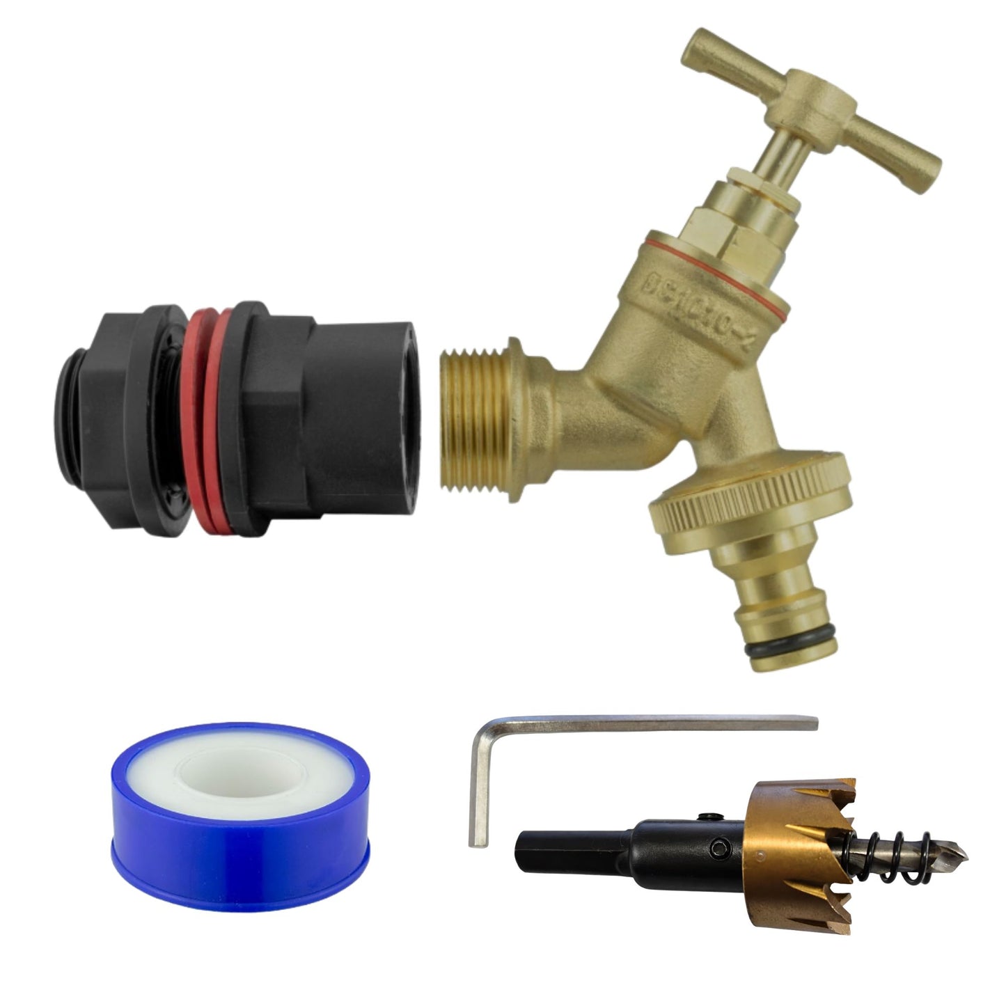 Water Butt Barrel Tap Connector Kit with Drill Hole Saw Cutter – Adapter Hose Fitting with Tap Options & PTFE Tape for Rain Barrel, Water Tank & Garden Use