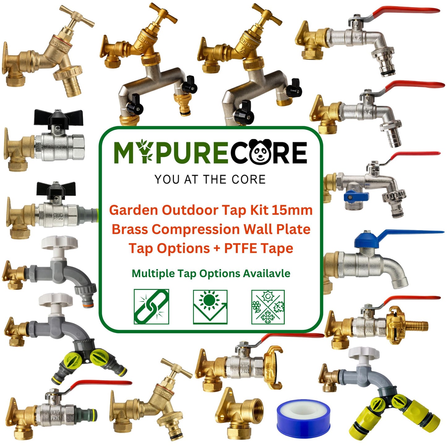 Garden Outdoor Tap Kit with 15mm Brass Compression Wall Plate – Tap Options with Hose Connector Compatibility, PTFE Tape Included for Garden Watering, Irrigation, Outdoor Use