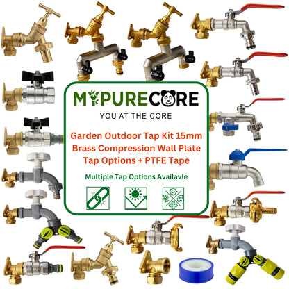 Garden Outdoor Tap Kit with 15mm Brass Compression Wall Plate – Tap Options with Hose Connector Compatibility, PTFE Tape Included for Garden Watering, Irrigation, Outdoor Use