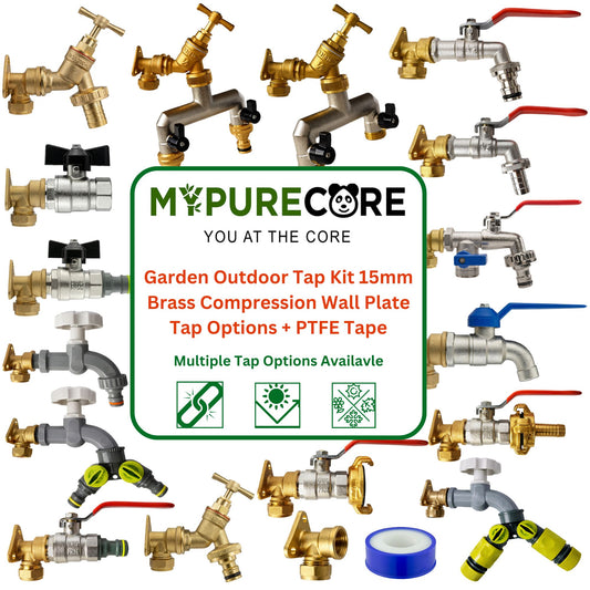 Garden Outdoor Tap Kit with 15mm Brass Compression Wall Plate – Tap Options with Hose Connector Compatibility, PTFE Tape Included for Garden Watering, Irrigation, Outdoor Use
