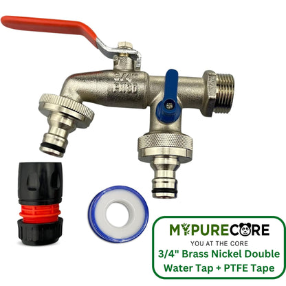 3/4" Brass Nickel Double Water Tap – Rust and Frost Resistant +2x Snap-On Connectors +2x Hose Connectors Hozelock Compatible + PTFE Tape