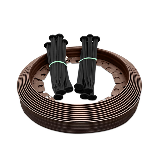 10m of Flexible Brown Garden Edging Border - Complete with 20 Securing Pegs for Perfect Flower Beds, Lawns, and Pavement Design (40mm High)