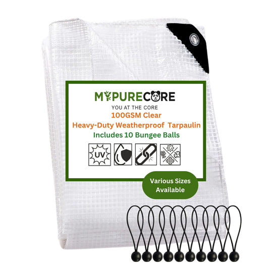 MYPURECORE Clear Weatherproof Tarpaulin 100GSM with 10 Bungee Balls – Heavy Duty Weatherproof Tarpaulin with Reinforced Edges & Eyelets – Transparent Tarp for Garden & Outdoor Use