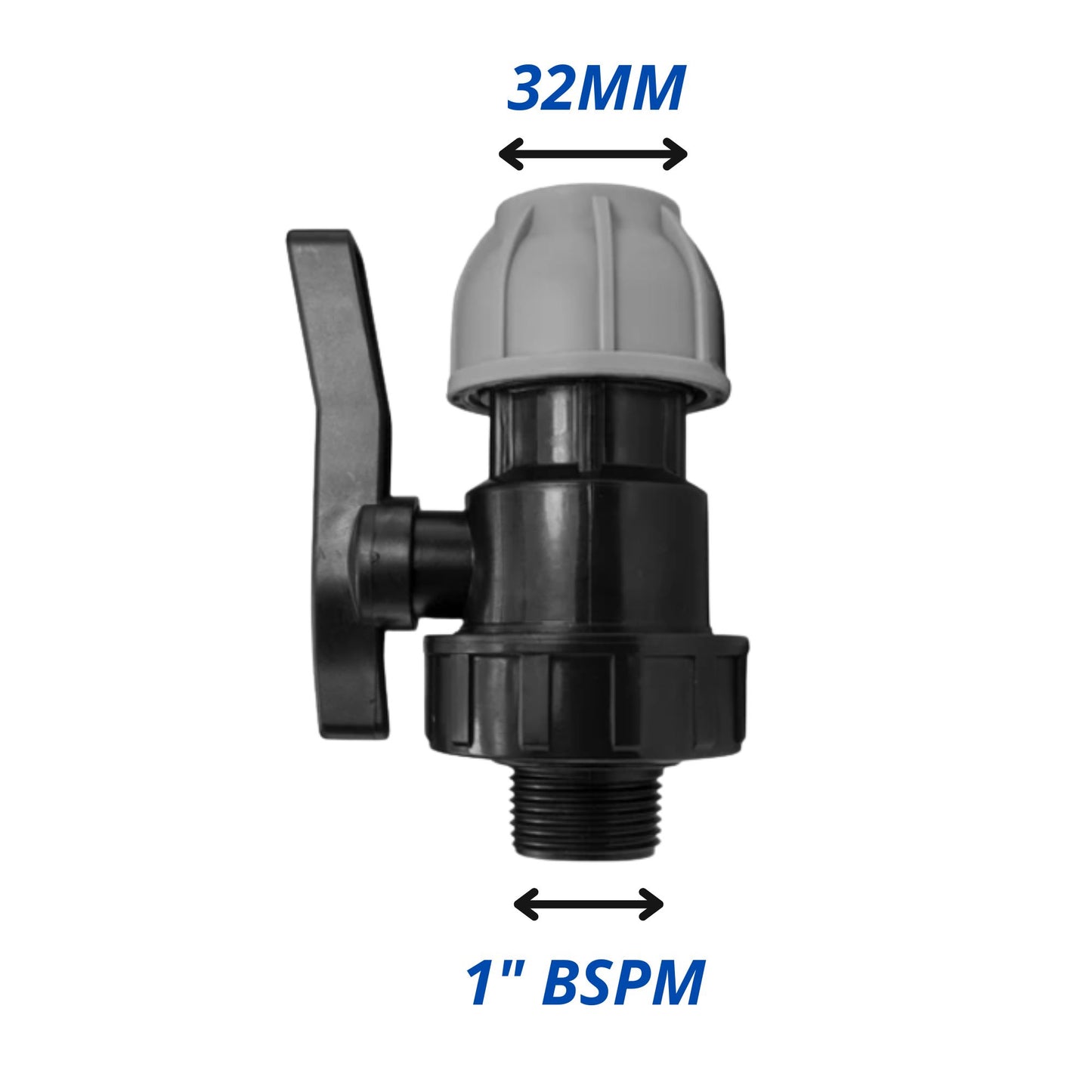 MDPE Water Pipe Outlet Valve Garden Hose Connector Kit 20mm 25mm 32mm - Compression Fitting, Flow Control Valve, Click-Lock Connector & PTFE Tape
