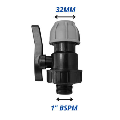 MDPE Water Pipe Outlet Valve Garden Hose Connector Kit 20mm 25mm 32mm - Compression Fitting, Flow Control Valve, Click-Lock Connector & PTFE Tape