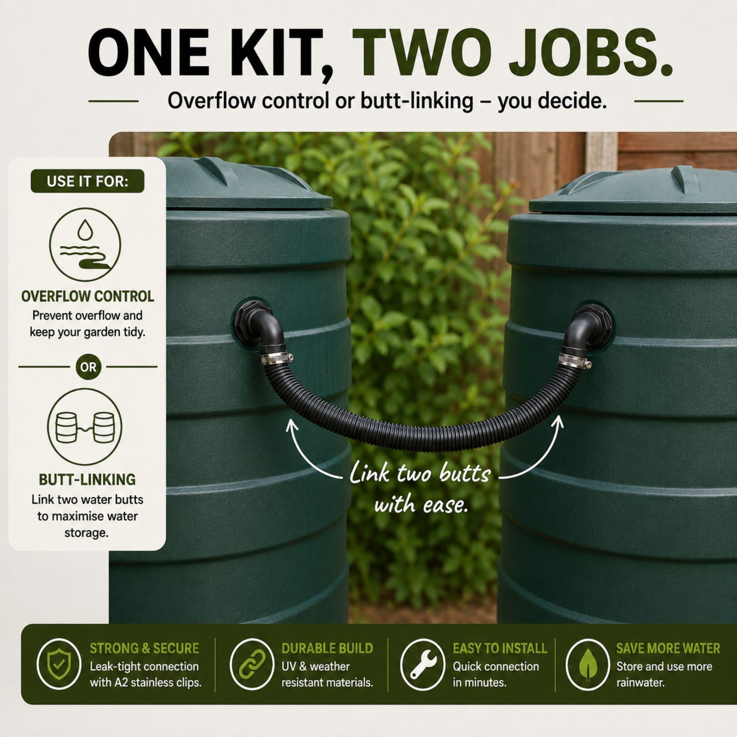 Water Butt Elbow Connector Kit Tank Outlet with 2 Hose Clips Garden Water