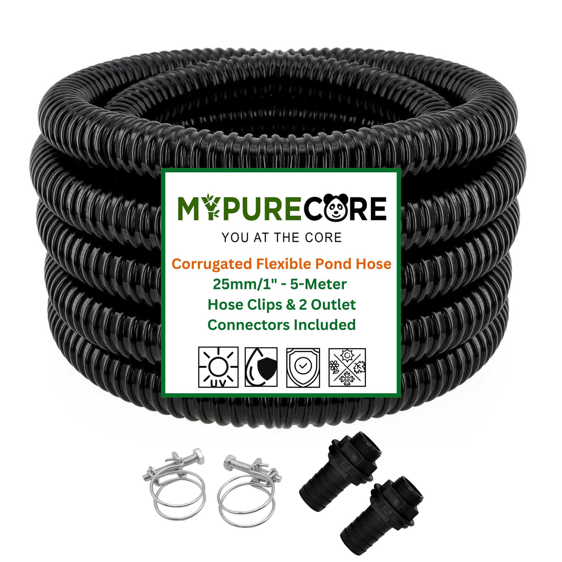 MYPURECORE Corrugated Flexible Pond Hose Set - 25mm/1" PVC Hose with Double-Wired Metal Clips & Barbed Water Tank Outlet Connectors - for Pond Pumps, Waterfalls & Drainage (1M-10M)
