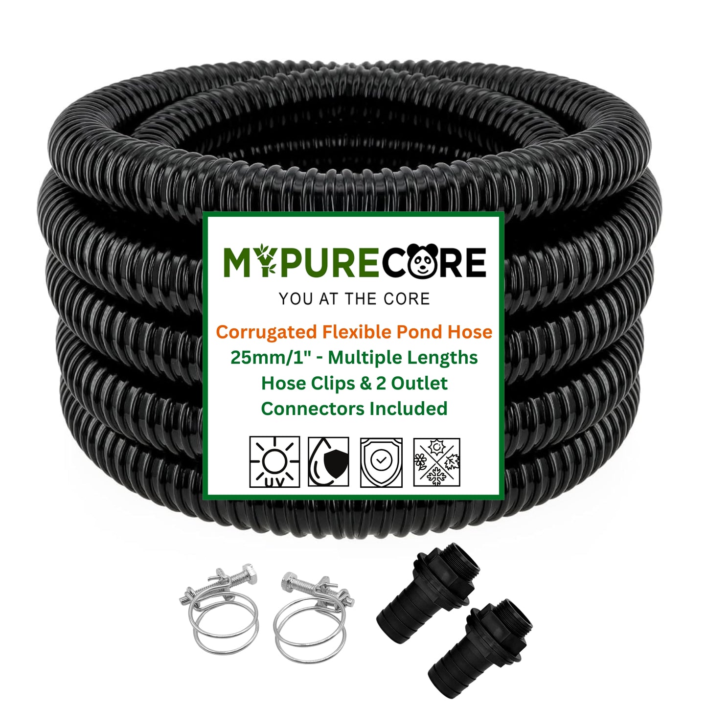 MYPURECORE Corrugated Flexible Pond Hose Set - 25mm/1" PVC Hose with Double-Wired Metal Clips & Barbed Water Tank Outlet Connectors - for Pond Pumps, Waterfalls & Drainage (1M-10M)